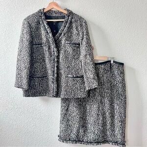 NEW Talbots Tweed Jacket & Skirt Set Size 18 & 16 Black White Ribbon Fringe Edge